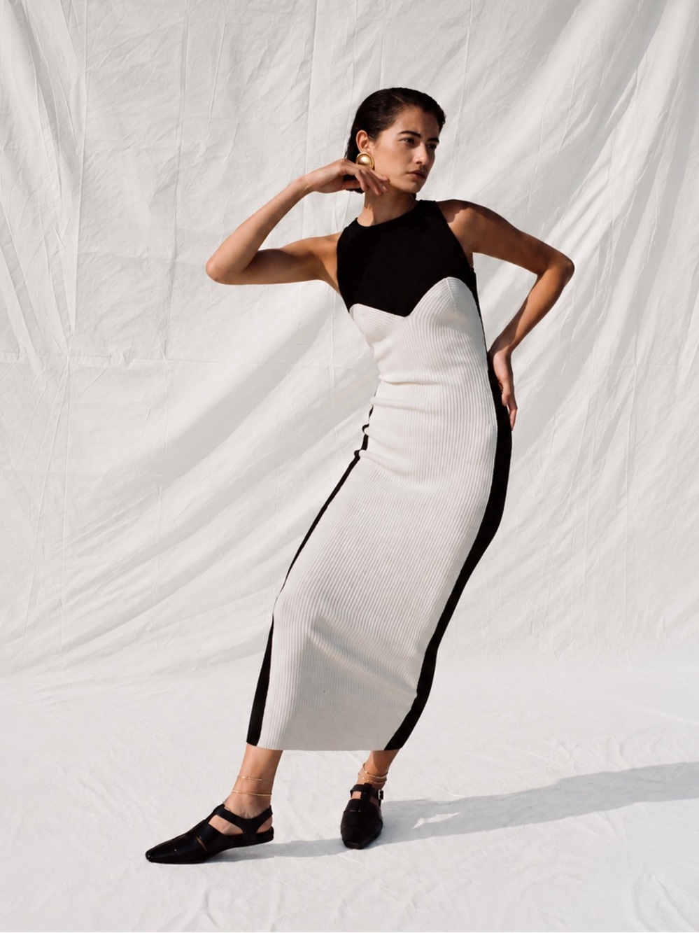 Mara Hoffman Aleks Black Cream Colorblock Ribbed Knit Midi Dress - S - Like new